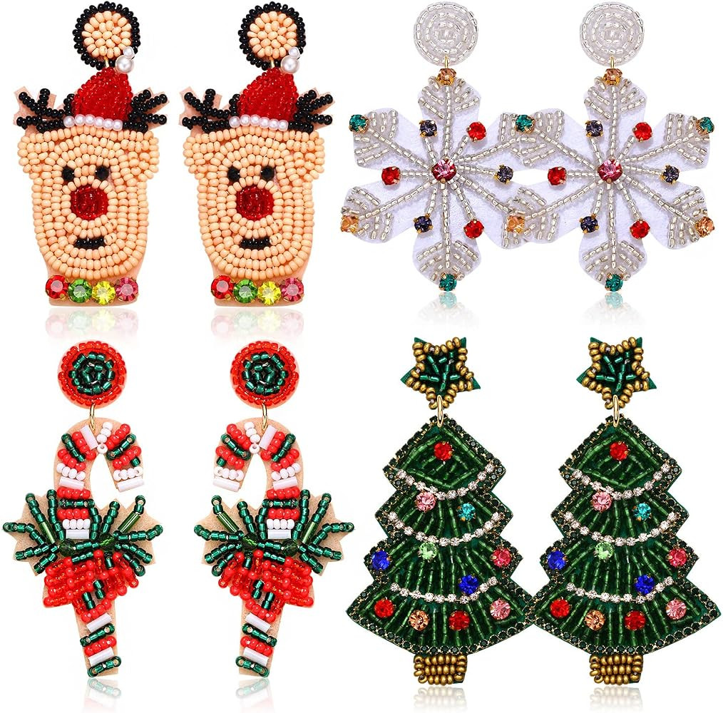 4Pairs Christmas Earrings for Women Holiday Earrings Handmade Christmas Tree Earrings Beaded Snow... | Amazon (US)