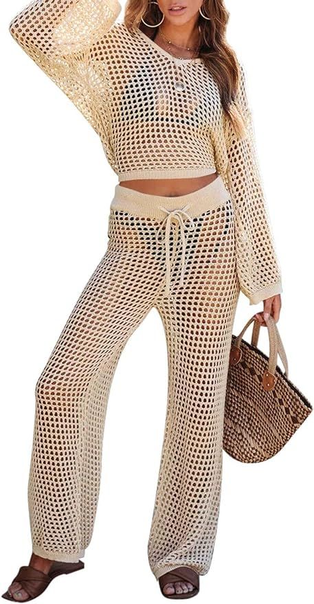 Pink Queen Women's Swimsuit Cover Up Set 2 Piece Crochet Long Sleeve Crop Top Wide Leg Pants Beac... | Amazon (US)