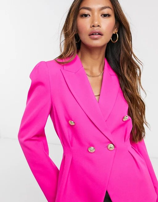 River Island double breasted nipped waist blazer in pink | ASOS (Global)