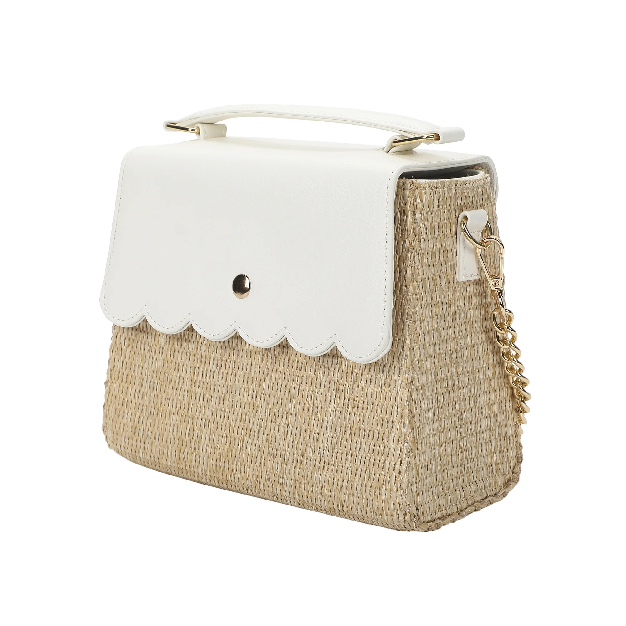 Packed Party Women's Woven Straw Crossbody Bag with Faux Leather Scallop and Chain Strap, White | Walmart (US)