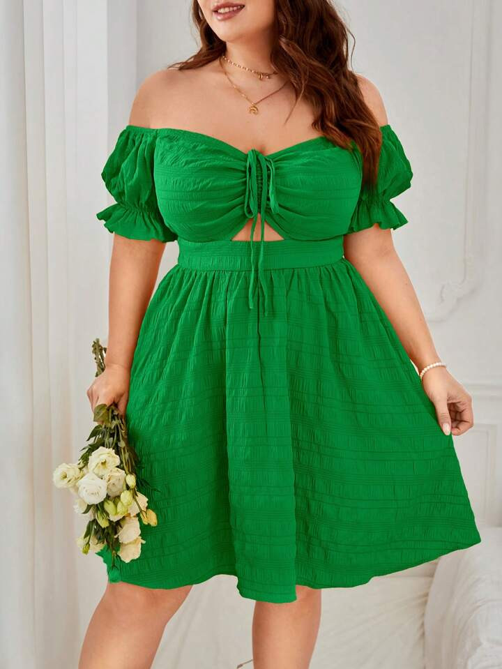 SHEIN WYWH Plus Off Shoulder Drawstring Front Puff Sleeve Dress | SHEIN
