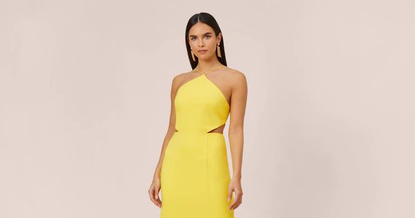 Stretch Crepe Long Halter Mermaid Dress With Cutouts In Lemon | Adrianna Papell