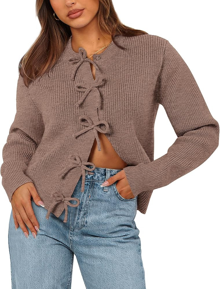 BTFBM Bow Cropped Cardigan Sweaters for Women 2026 Fall Winter Open Front Sweater Long Sleeve But... | Amazon (US)