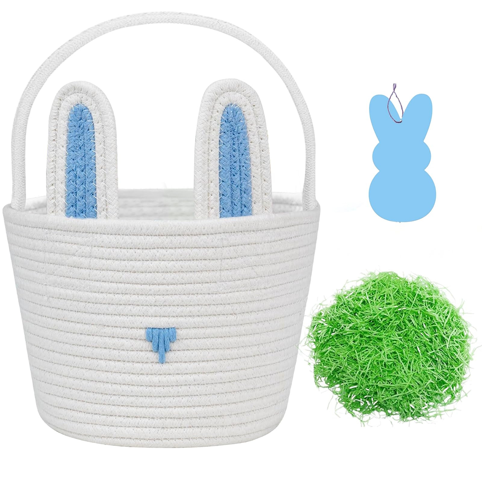 Easter Basket for Boys, White Blue Bunny Woven Cotton Rope Basket with Easter Grass and Wooden Pe... | Amazon (US)