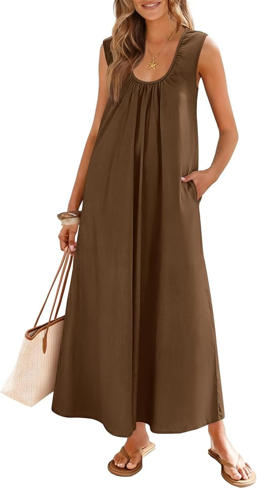 MEROKEETY Women's Summer Boho Maxi Dress 2026 Ruched Beach Vacation Sundresses Sleeveless Loose T... | Amazon (US)