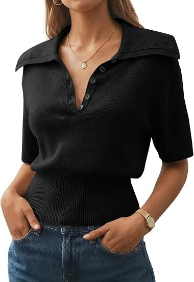 Saodimallsu Womens Polo Sweater Top Summer Short Sleeve Button V Neck Collared Trendy Ribbed Hem ... | Amazon (US)