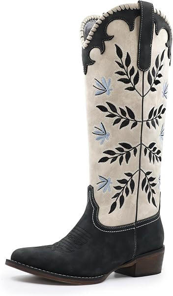 Womens Cowboy Boots Leaf Embroidered Pull on Knee High Round Toe Comfortable Chunky Heel Western ... | Amazon (US)