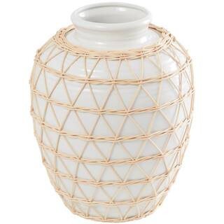 White Handmade Ceramic Decorative Vase with Woven Rattan Exterior | The Home Depot