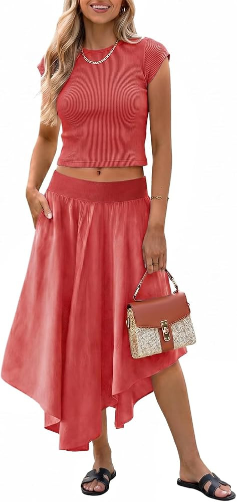 Tankaneo Womens 2 Piece Skirt Set Summer Casual Cap Sleeve Ribbed Crop Tops Midi Dress Vacation O... | Amazon (US)