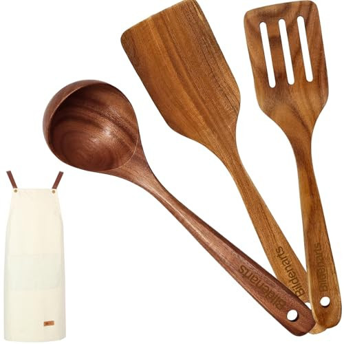 Teak Wooden Utensil Set Wooden Cooking Spoon Set with 1 Pack Chef Apron Pockets Smooth Non-Stick Surface Spatulas Comfort-Grip Wood Ladles for Cooking Wood Turner Deep Soup Ladle | Amazon (US)