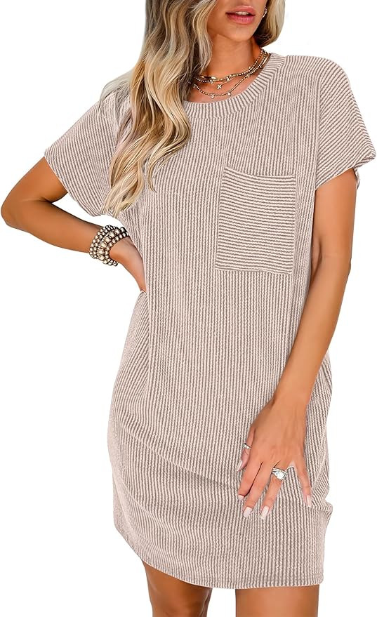 ANRABESS Womens Casual Summer Ribbed Knit Tunic Tshirt Mini Dresses 2025 Trendy Crewneck Short Sl... | Amazon (US)