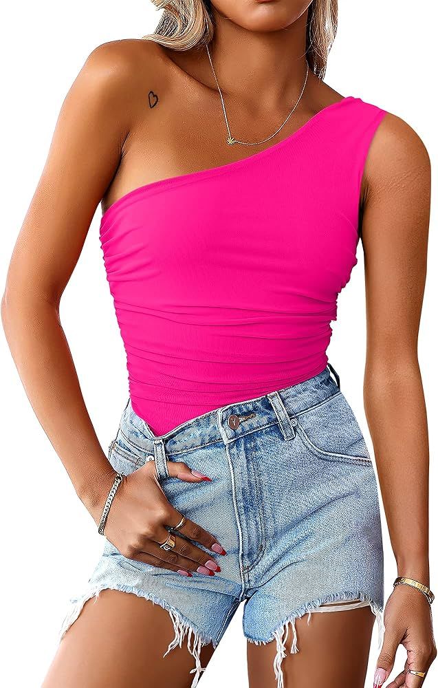 ANRABESS Women 2023 Summer Sleeveless Sexy One Shoulder Mesh Solid Tank Top Bodysuit Jumpsuits | Amazon (US)