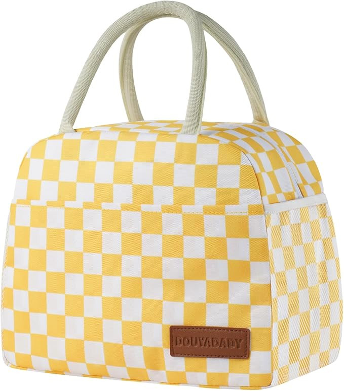 douyadady Lunch Bag Women/Men Lunch Box Women/Men (Yellow+White Checkerboard) | Amazon (US)