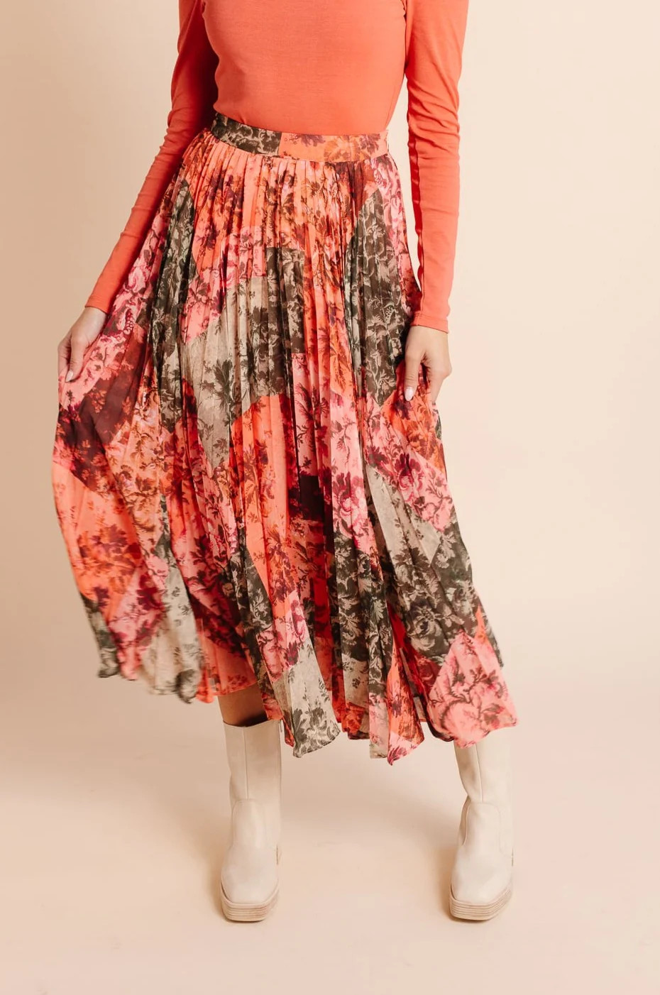 Pleated Midi Skirt - Rust Patchwork | Rachel Parcell