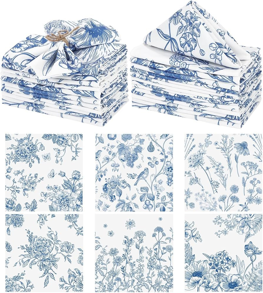 Kochorie 24 Pieces Blue Floral Cloth Napkins, 18 x 18 Inch Reusable Soft Fabric Napkins, Washable... | Amazon (US)