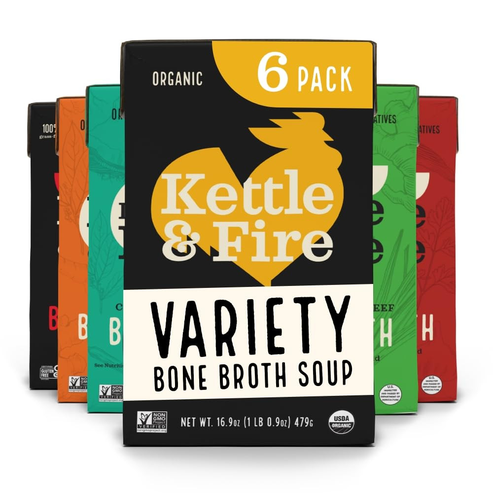 Bone Broth Variety Pack by Kettle and Fire, Pack of 6, Beef, Chicken, Chipotle Beef, Lemongrass G... | Amazon (US)