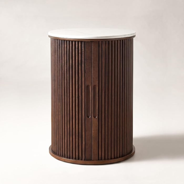 Round Fluted End Table with Storage, Dark Walnut Side Table with White Sintered Stone Top, Slidin... | Amazon (US)