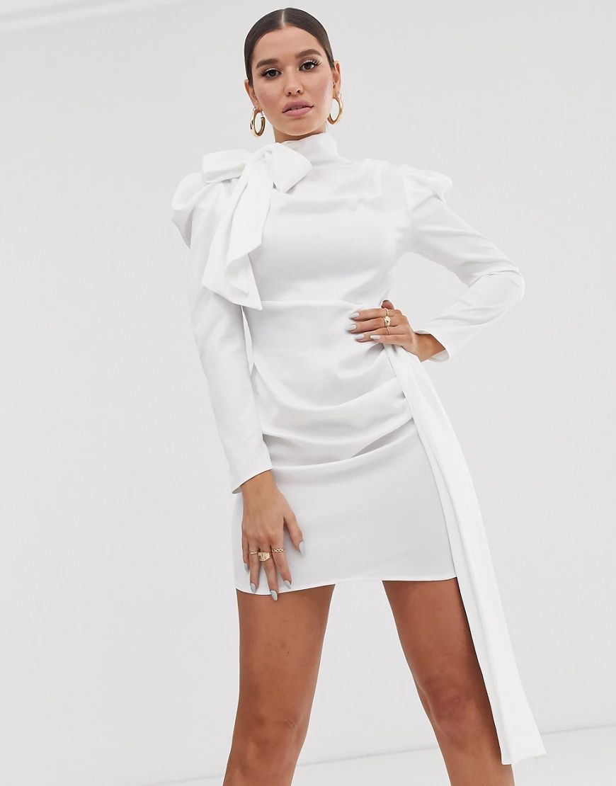 Public Desire X Lissy Roddy mini dress with puff shoulders and tie neck-White | ASOS (Global)