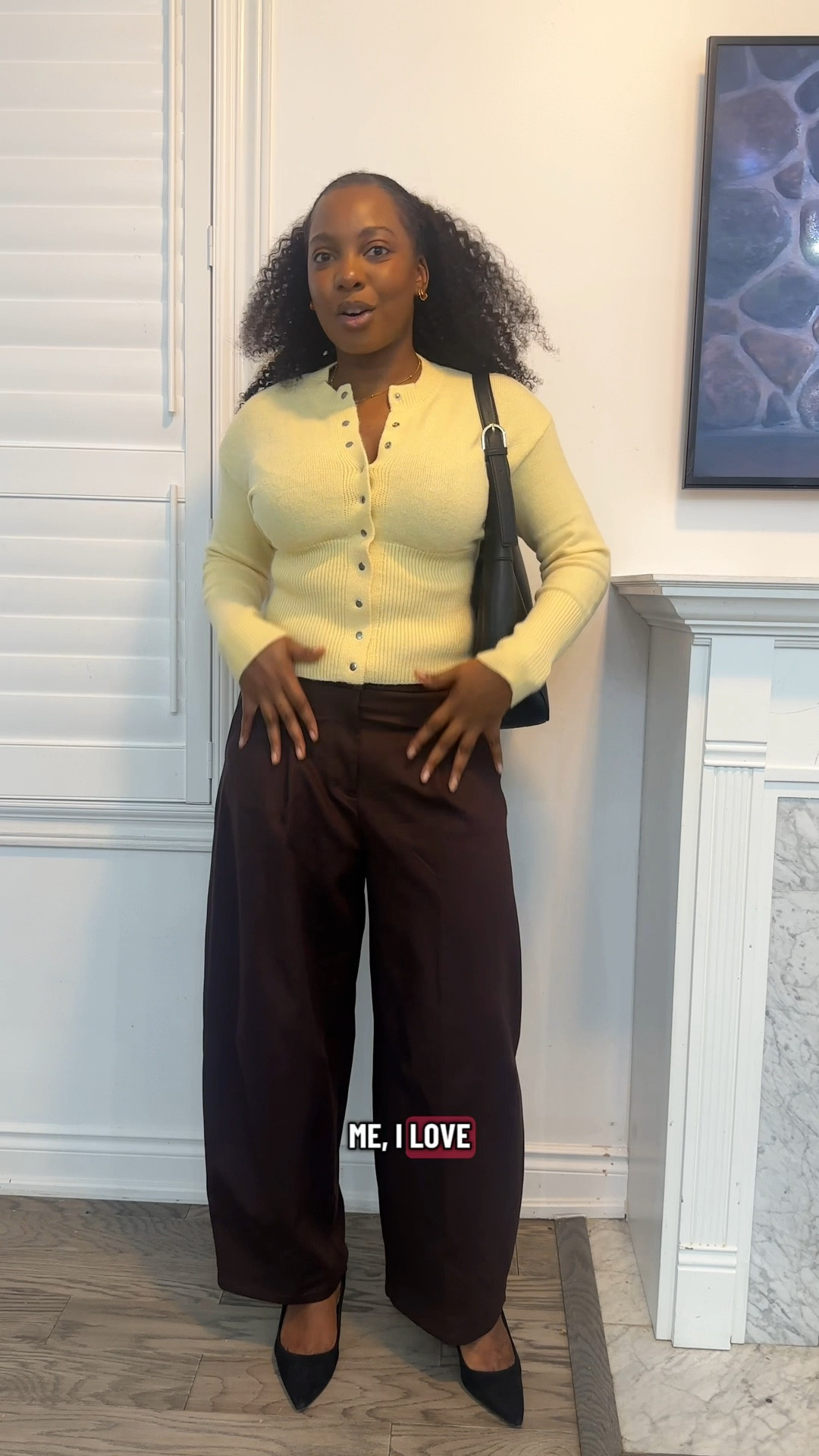 Brown wide leg pants, butter yellow cardigan 

#LTKwinter #LTKcanada #LTKworkwear