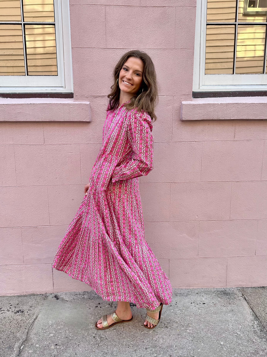 Folly Midi Dress Pink Striped Vine | Madison Mathews