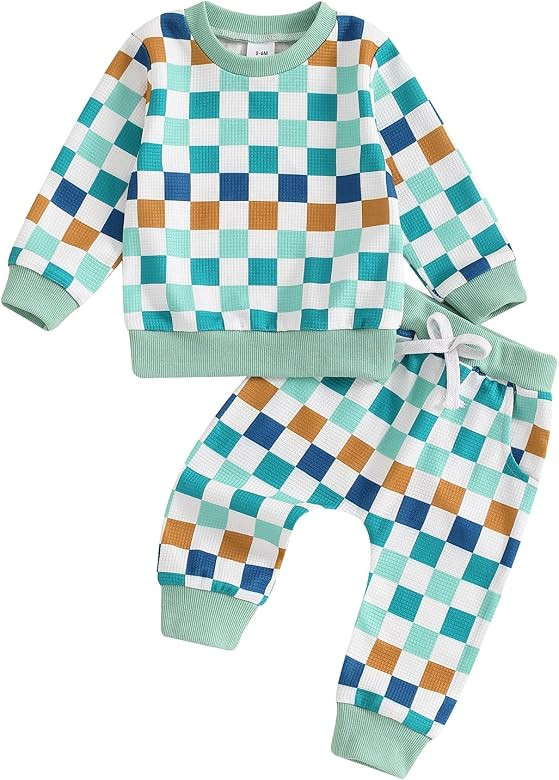 Karwuiio Toddler Baby Boy Girl Clothes Checkerboard Print Long Sleeve Sweatshirt Tops and Pants F... | Amazon (US)