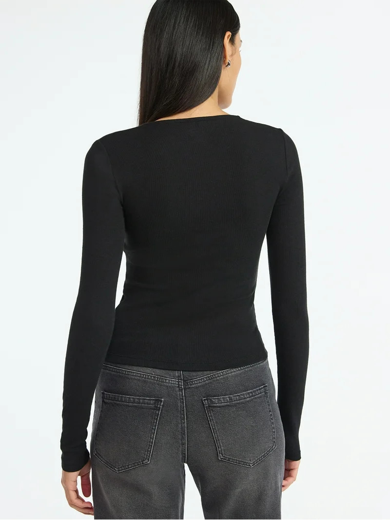 Scoop Women’s Ribbed Square Neck Top with Long Sleeves, Sizes XS-XXL | Walmart (US)