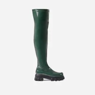 Halle Chunky Sole Over The Knee Thigh High Long Biker Boot In Dark Green Patent | EGO Shoes (US & Canada)