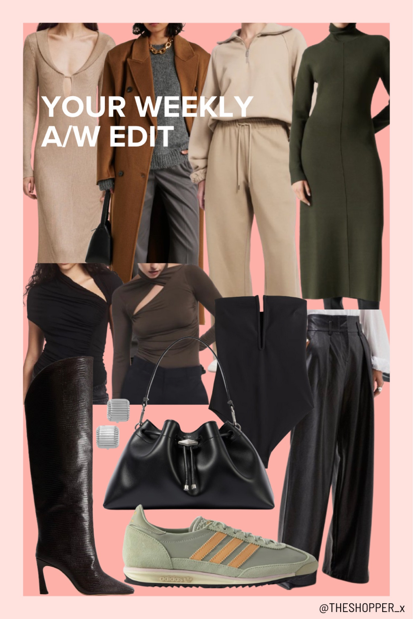 Your Weekly A/W Edit:
Beige half zip jumper, wide leg joggers, maxi bodycon dress, black top with slit, khaki brown long sleeve top with slit, adidas trainers, brown coat, green turtleneck maxi long sleeve dress, leather knee high boots, black bardot body, leather wide leg trousers, silver earrings, black leather bag

#LTKuk #LTKeurope #LTKautumn