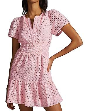 PRETTYGARDEN Women's 2024 Summer Mini Dress Short Sleeve V Neck A Line Hollow Out Lace Ruffle Cut... | Amazon (US)