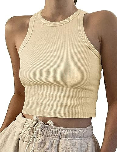 Artfish Women Casual Basic Sleeveless High Neck Rib-Knit Front Racerback Crop Tank Top Neutral Tan Beige L | Amazon (US)