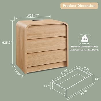 25" Tall Modern Nightstand with Charging Station, 23.6'' Wide Wood Bedside Table w/3 Storage Draw... | Amazon (US)