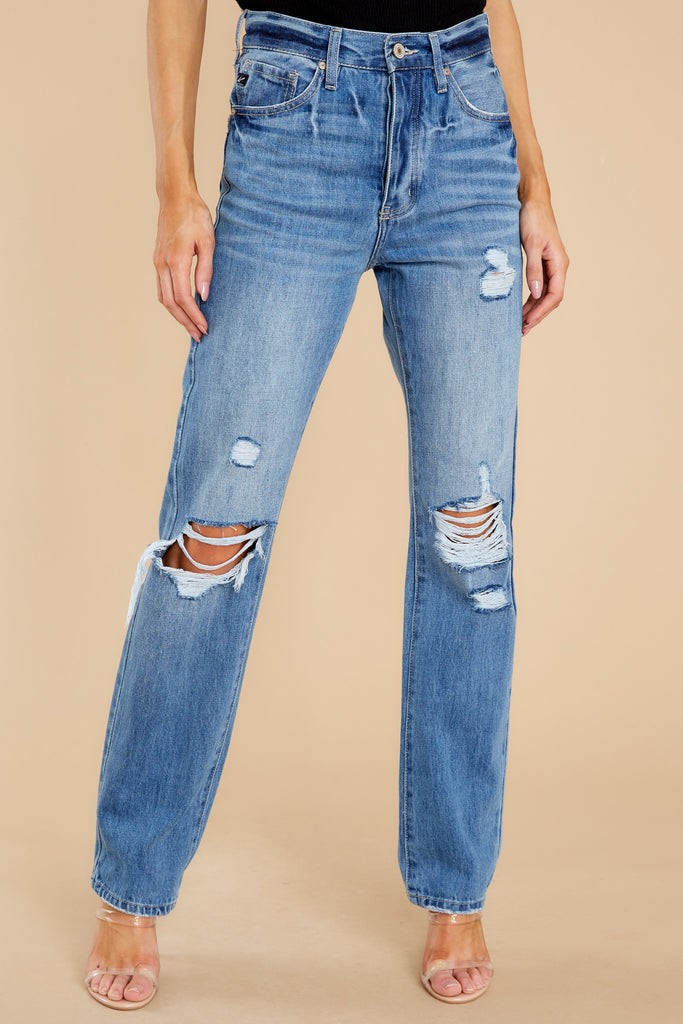 Blaze The Trail Medium Wash Distressed Straight Jeans | Red Dress 