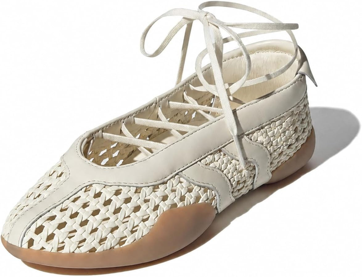 Women's Woven Flats Lace Up Round Toe Hollow Out Ballet Flats Shoes | Amazon (US)