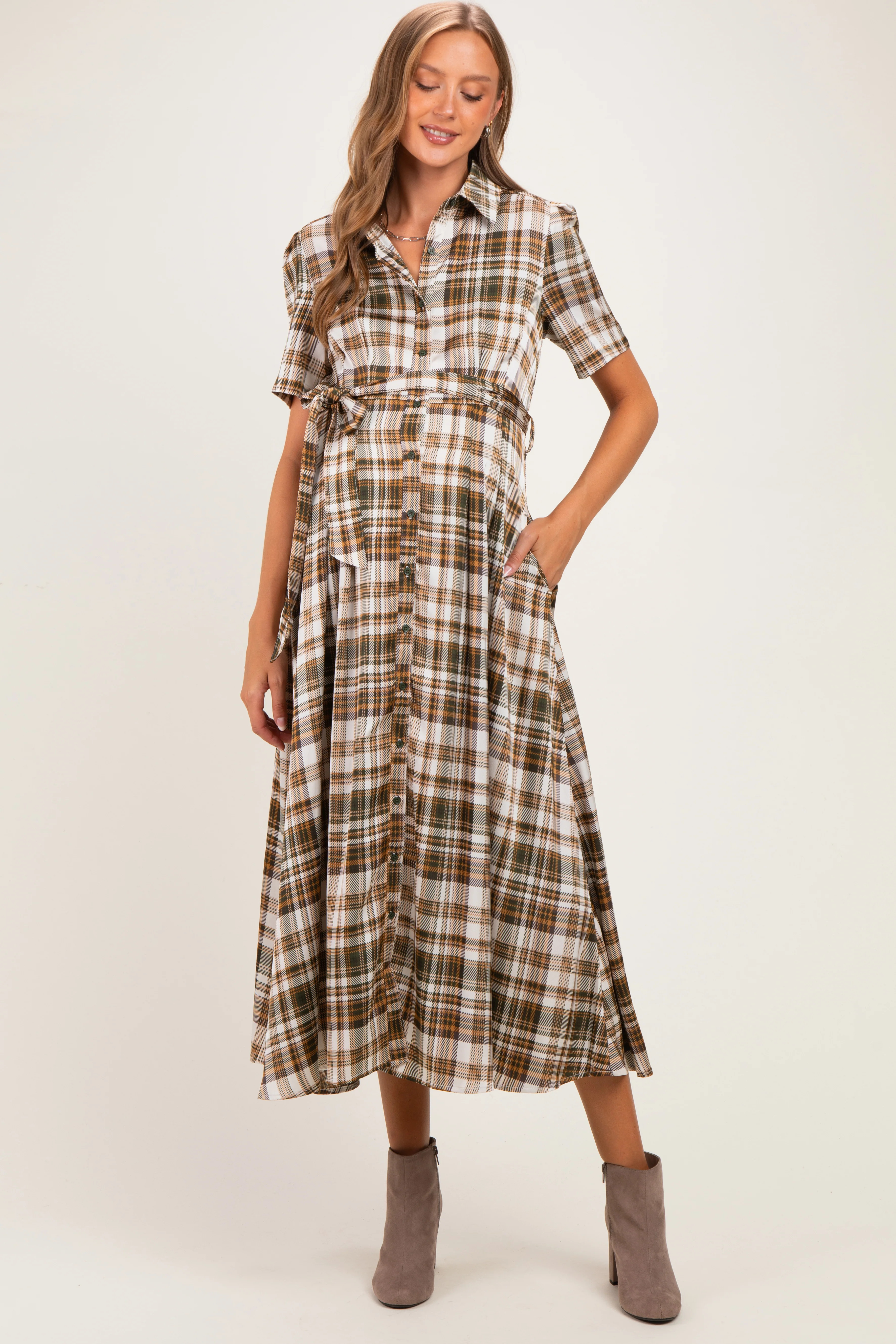 Dark Olive Plaid Button Down Maternity Midi Dress - Large | PinkBlush Maternity