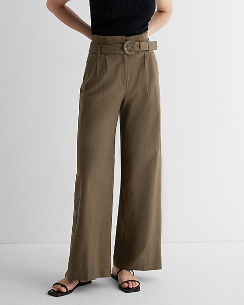 Super High Waisted Linen-Blend Belted Paperbag Wide Leg Pant | Express