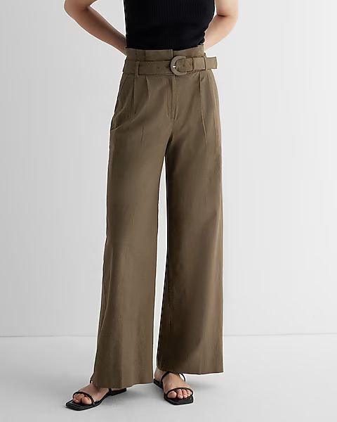 Super High Waisted Linen-Blend Belted Paperbag Wide Leg Pant | Express