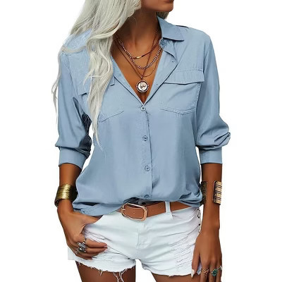 Imily Bela Women's Elegant Solid Lapel Long Sleeve Button Down Shirt Versatile Casual Basic Office Blouse  Light Blue S | Target