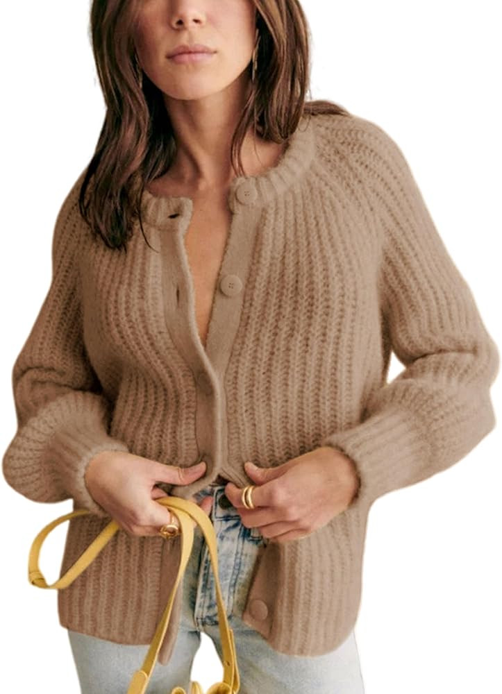 Bianstore Women's Casual Long Sleeve Crewneck Button Down Cardigan Sweater Knit Outwear | Amazon (US)