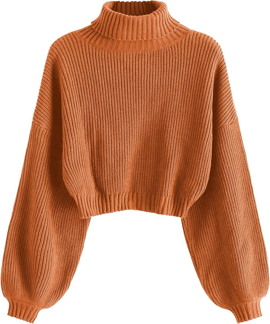ZAFUL Women's Cropped Turtleneck Sweater Lantern Sleeve Ribbed Knit Pullover Sweater Jumper | Amazon (US)