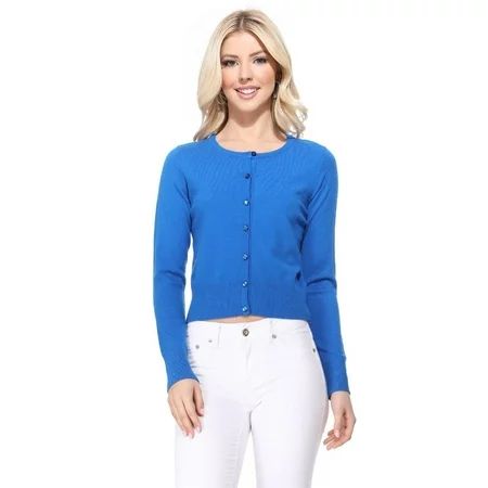 YEMAK Women s Long Sleeve Crewneck Cropped Button Down Cardigan Sweater MK5502-Royalblue-S | Walmart (US)