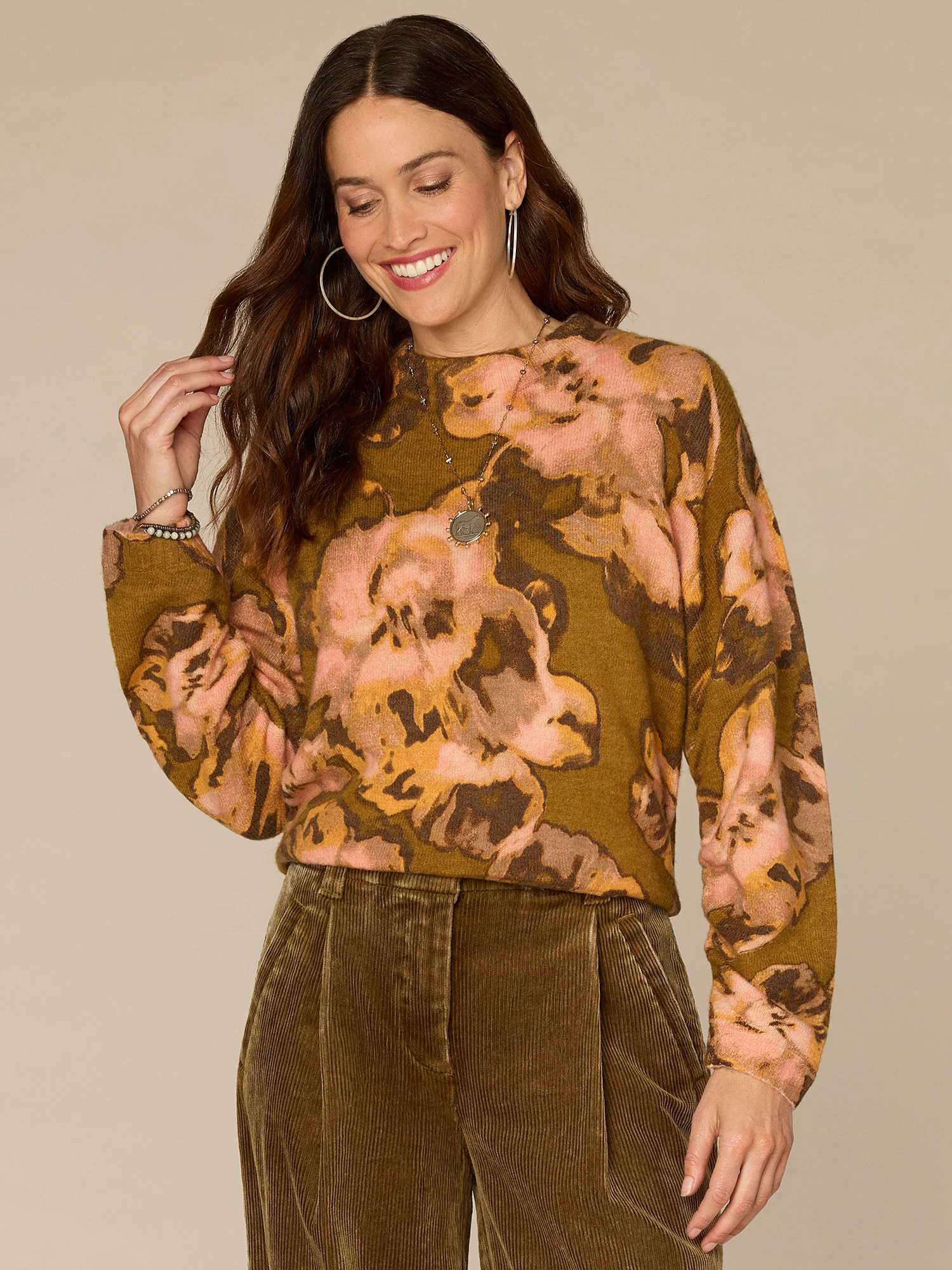 Long Ruched Sleeve Round Mock Neck Abstract Floral Print Sweater | Democracy Clothing