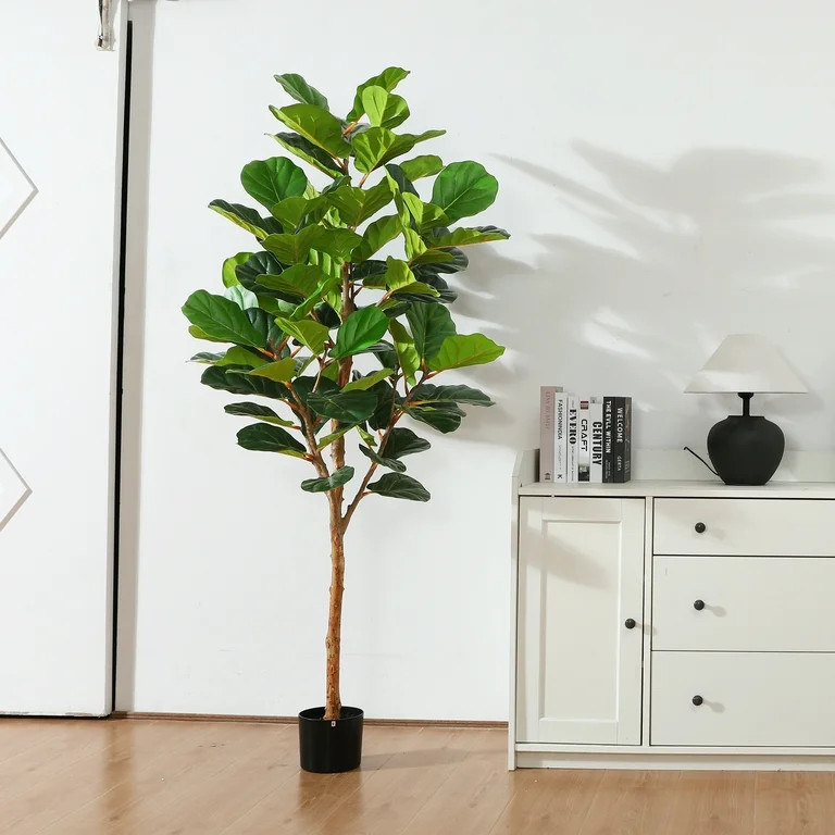 6FT Artificial Fiddle Leaf Fig Plants, Faux Plastic Tree with Natural Wood Trunk for Home Decor O... | Walmart (US)