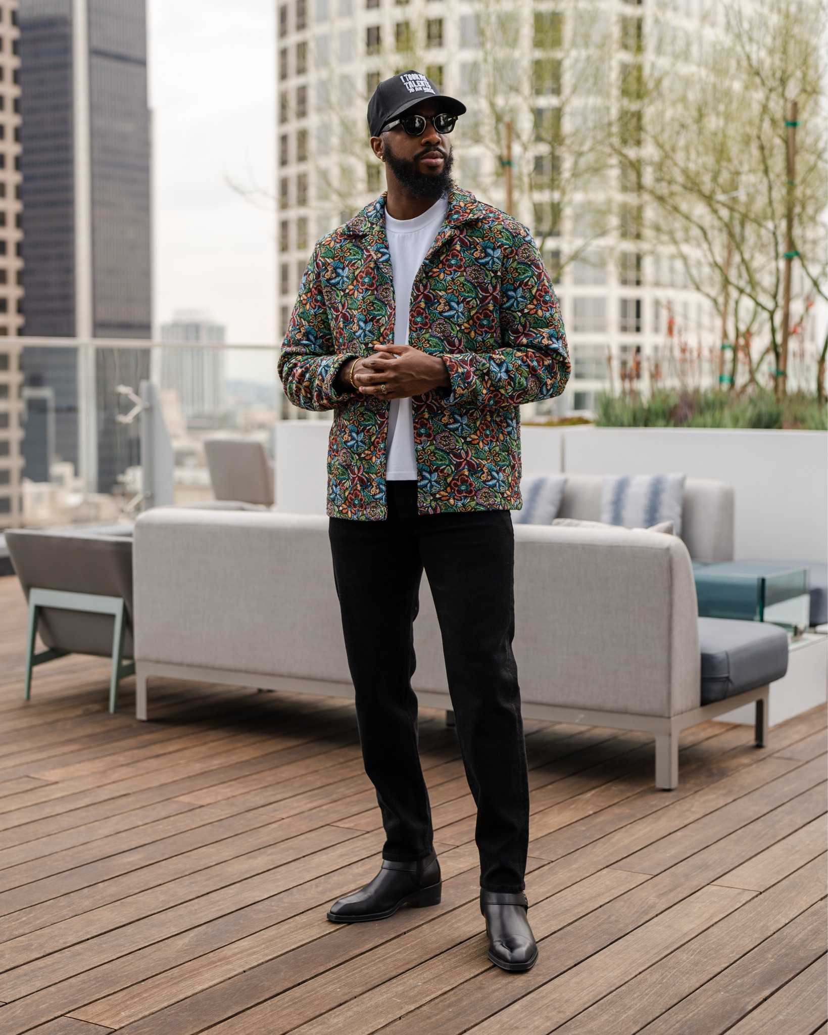 Mature casual outfit with a flower patterned jacket and black accents. Links to purchase items down below ⬇️!

#LTKmens