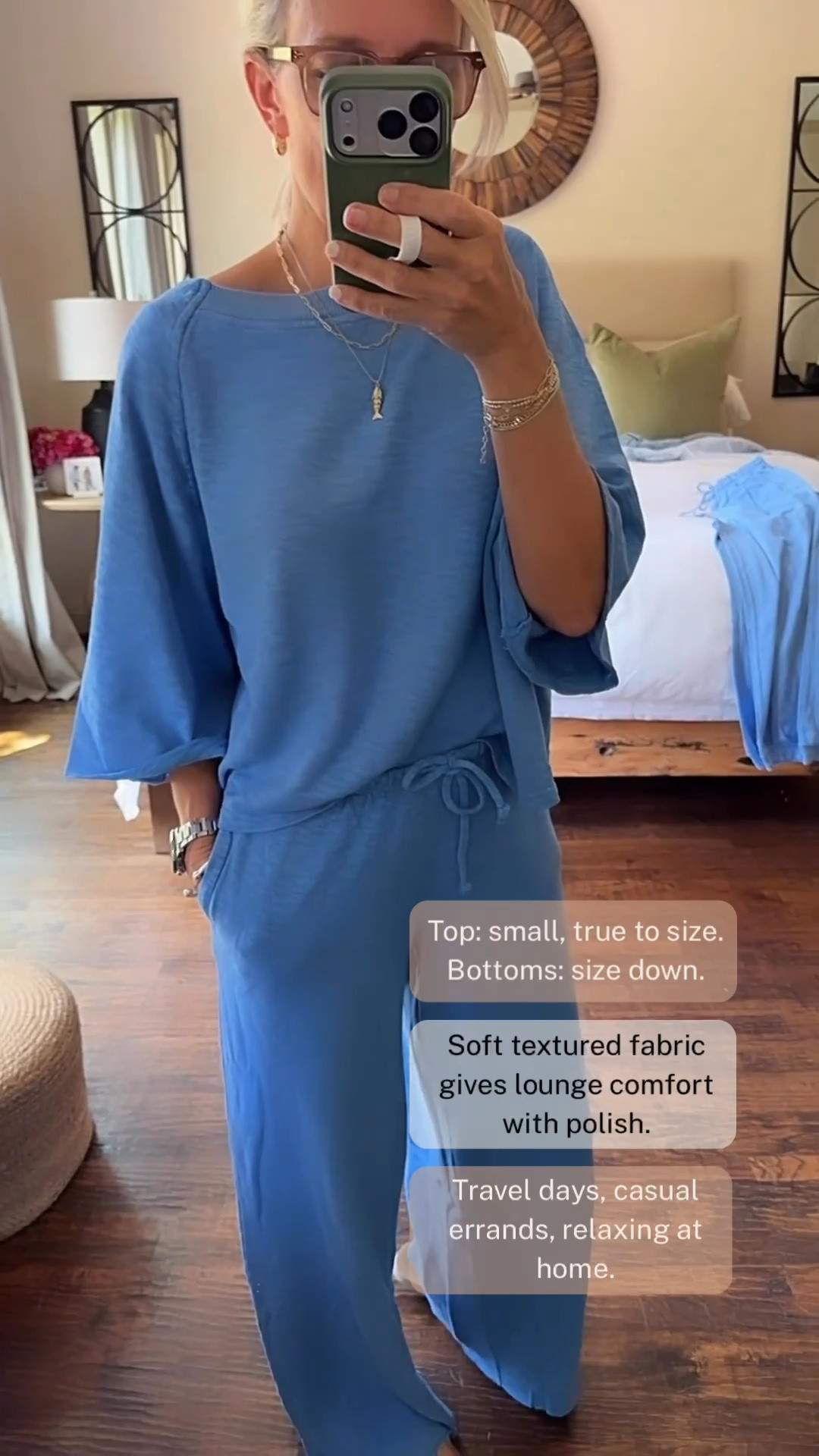 This blue lounge set is the perfect mix of comfort and polish. The soft textured fabric feels cozy without being bulky, making it an easy choice for travel days, casual errands, or relaxing at home. The top is true to size in a small, and I recommend sizing down in the bottoms for the best fit.

💡 LTK MADE EASY
❤️ Heart = Support my posts!
🔖 Save = Get sale & restock alerts
📋 Lists = Keep favorites organized
📲 Share = Send lists and products to a friend. Hello, Christmas List!
💬 Comment = Ask me anything about what I’m wearing. :-)

#LTKootd #LTKOver40 #LTKgrwm