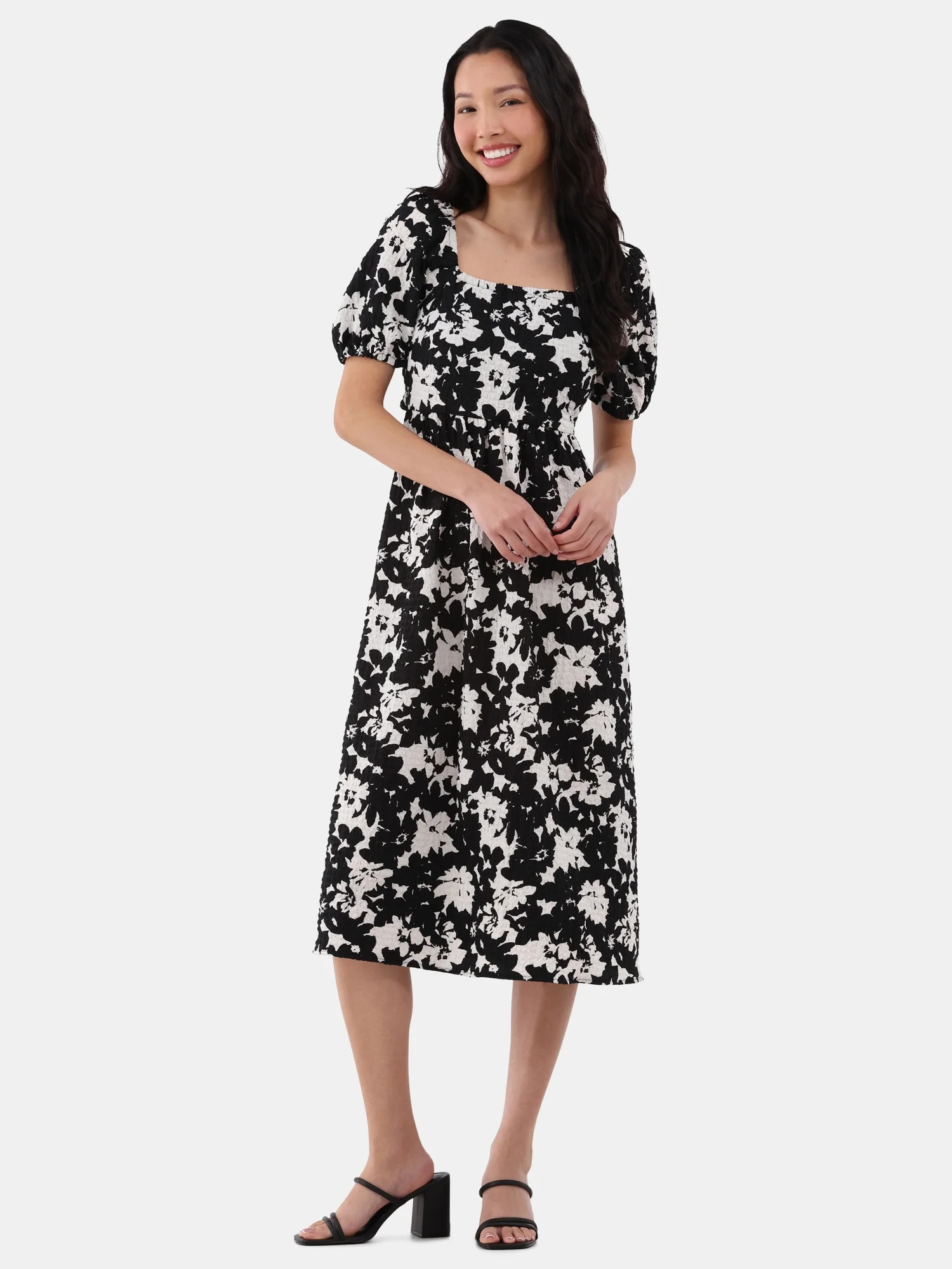 Time and Tru Women's and Women's Plus Back Tie Midi Dress with Puff Sleeves, Sizes XS-XXXL | Walmart (US)