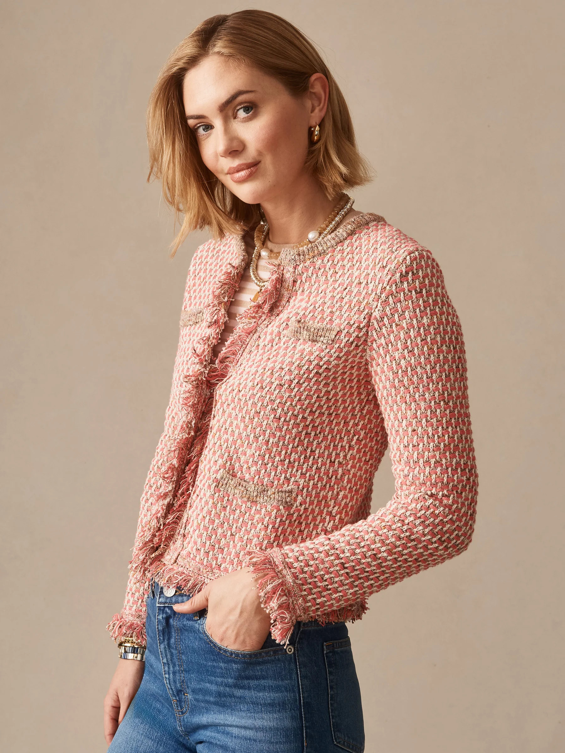 Pink/Tan Solid Marceline Cardigan | Women's Sweaters | J.McLaughlin | J.McLaughlin