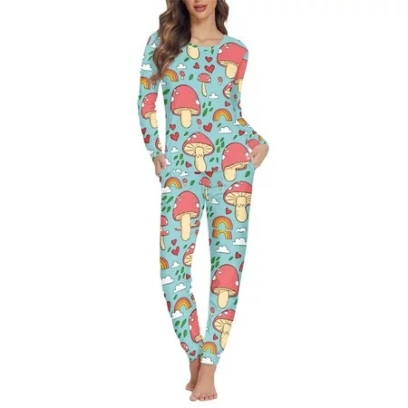 Pzuqiu Novelty Women Pajama Set Long Sleeve Lounge Wear 2-Piece Aesthetic Mushroom Casual Crew Neck Nightwear Indoor Relaxed Clothing Soft Outfits for Adults Size 2XL | Walmart (US)