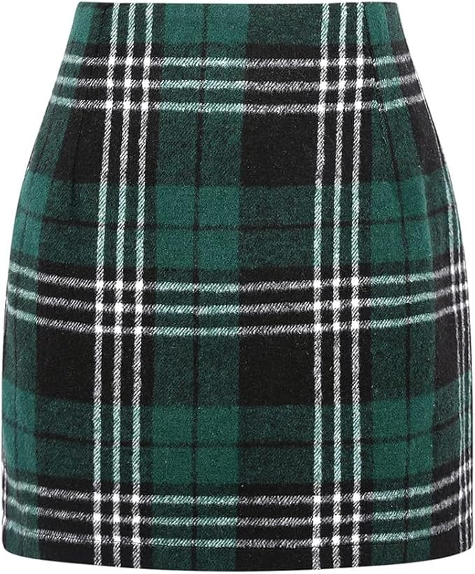 Kinghua Womens Wool Plaid Mini Skirt Fall Winter High Waisted Bodycon Pencil Skirt | Amazon (US)