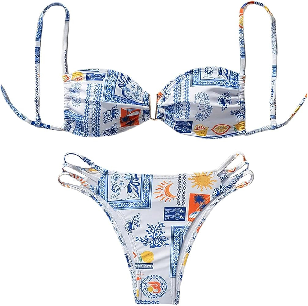 Milumia Women's 2 Piece Bikini Set Graphic U Wired Spaghetti Strap Bathing Suits | Amazon (US)