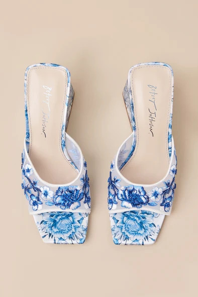 SB-ROO Blue Floral Satin Embroidered High Heel Slide Sandals | Lulus